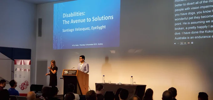 Santiago Velasquez delivering keynote at A11y Camp