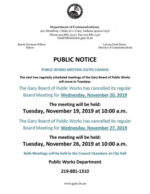 PUBLIC WORKS MEETING DATES CHANGE - City of Gary http://www.teamgaryindiana.com/public-works-meeting-dates-change/