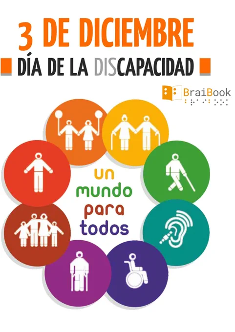 Cartel del día internacional de la discapacidad, indicando iconos con diferentes discapacidades, logo BraiBook