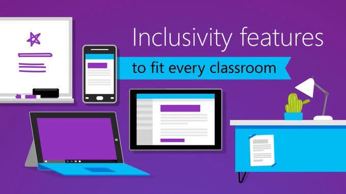 Graphic with purple background, depicting a number of different devices, and a teacher's desk. Text reads: Inclusivity features to fit every classroom