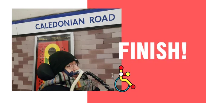 Red and white background, white text reads 'FINISH!'. Picture of Jon next to Caledonian Road sign