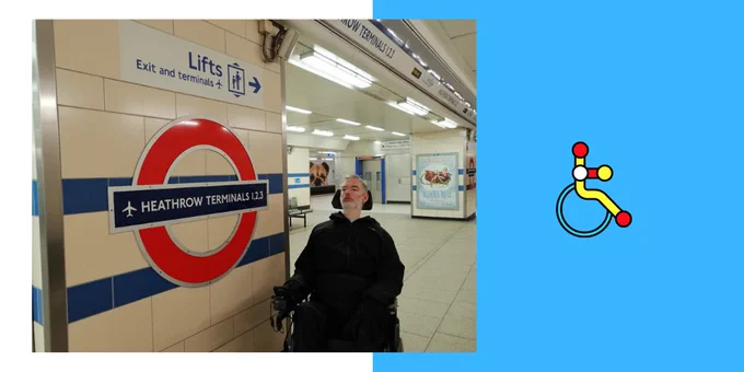 Blue and white background, picture of Alan next to Heathrow roundel