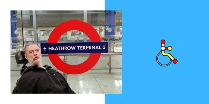 Blue and white background, picture of Alan in front of Heathrow Terminal 5 roundel