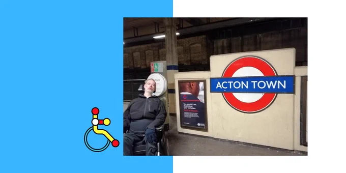 Blue and white background. Picture of Alan in front of Acton Town roundel
