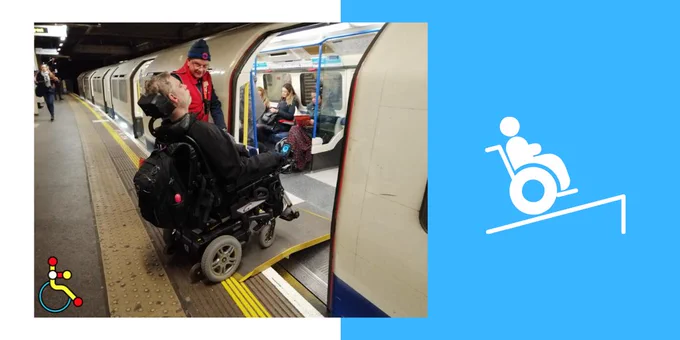 Blue and white background, picture of Alan in his electric wheelchair using a ramp to board a tube train