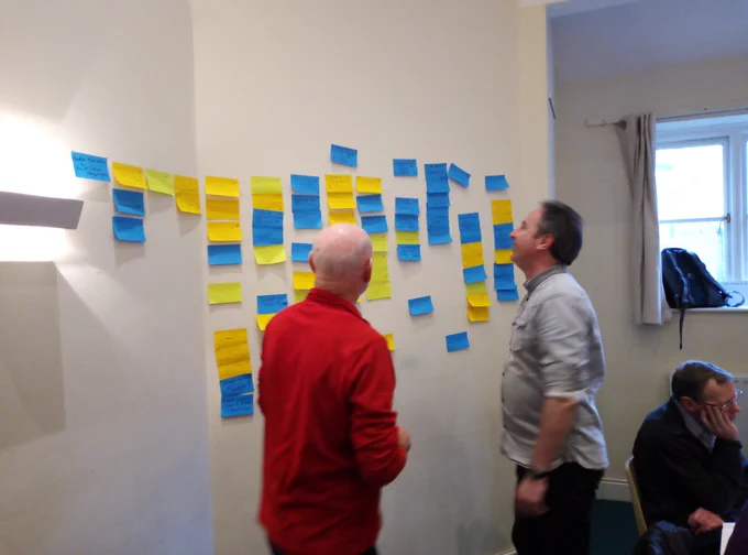 Wilf and George reviewing a wall covered in post it notes of items we may wish to cover.