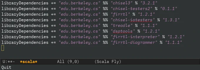 libraryDependencies  = "edu.berkeley.cs" %% "chisel3" % "3.2.1"
libraryDependencies  = "edu.berkeley.cs" %% "chisel-testers2" % "0.1.1"
libraryDependencies  = "edu.berkeley.cs" %% "firrtl" % "1.2.1"
libraryDependencies  = "edu.berkeley.cs" %% "chisel-iotesters" % "1.3.1"
libraryDependencies  = "edu.berkeley.cs" %% "treadle" % "1.1.1"
libraryDependencies  = "edu.berkeley.cs" %% "dsptools" % "1.2.1"
libraryDependencies