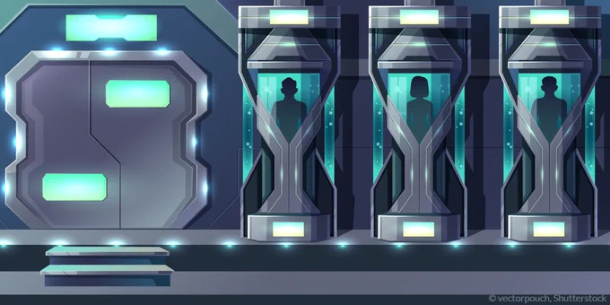 animation - three astronauts in hibernation capsules
