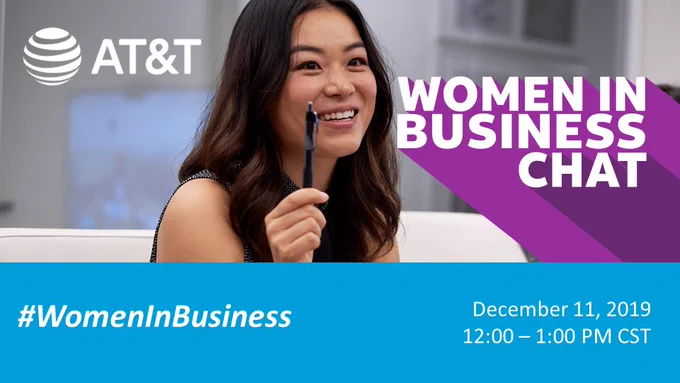 #WomenInBusiness, December 11, 12:00-1:00 CST, girl holding a pen