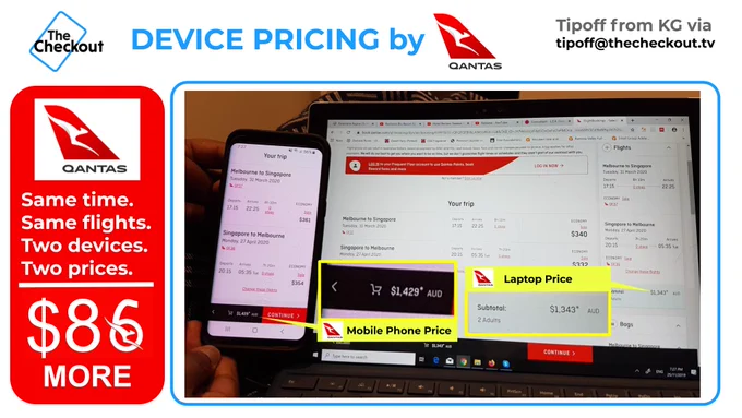 Same flights, booked at same time: Qantas price on mobile phone $86 more than on laptop