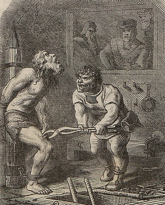 Bildausschnitt einer Grafik aus der Satire-Wochenschrift "Fliegende Blätter" Nr. 993 (1864), in unser Portal eingestellt von der Universitätsbibliothek Heidelberg. Zu sehen ist ein Scharfrichter, der einen Gefangenen mit einer Zange quält.