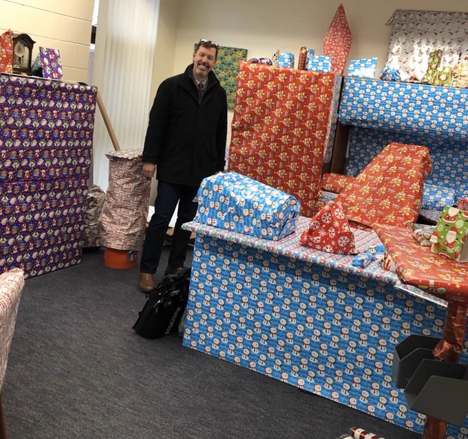 Waldon Middle School principal a Randy Groya in his wrapped office