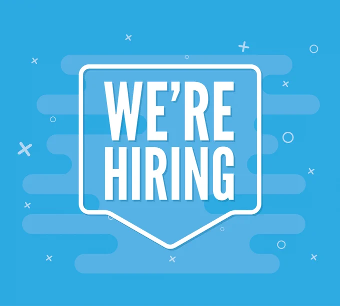 Blue image with white "we're hiring" text