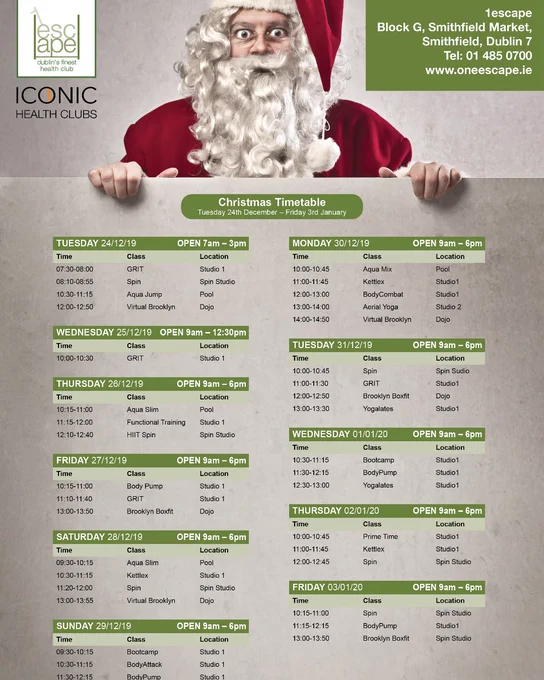 1escape Christmas Timetable 2019