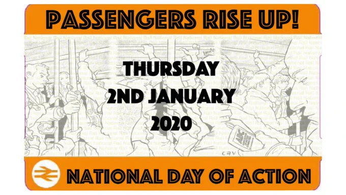 Graphic of a train ticket with the title: Passengers Rise Up! National Day of Action. Thursday 2nd January 2020