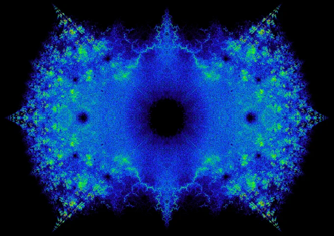 Eigenvalue density plot for all 13 by 13 complex symmetric tridiagonal matrices with zero main diagonal and population 1, exp(I*pi/4), and its conjugate. Colorized to make art. Well, perhaps it's art.