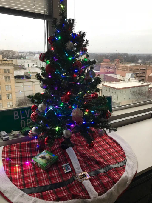 Holiday tree with lights in front of window