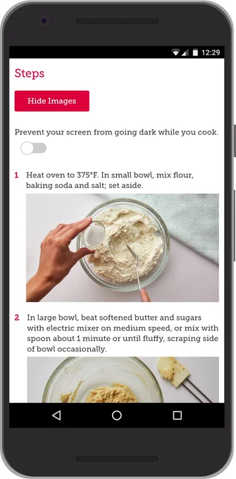 Prevent your screen from going dark while you cook” switch toggled so the recipe’s steps remain visible.
