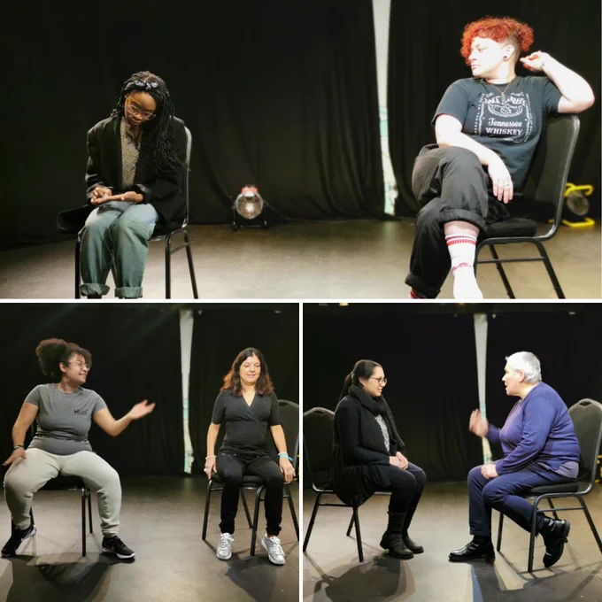 3 photos of pairs of performers sat next to each other improvising.