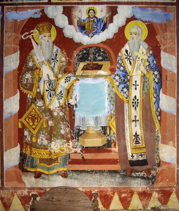 An 1874 fresco of St Cyril and Methodius in St Dimiter Church in Panorama (Kalapot), Drama, Greece