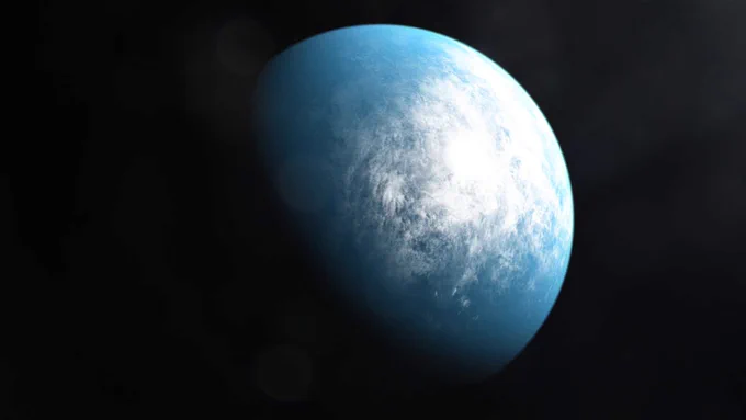 A blue exoplanet is seen in space in an artist's illustration