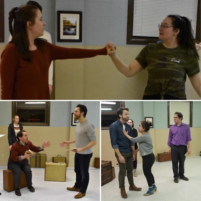 Three photo spread, top photo of two young women looking at each other lovingly, bottom left man sitting on suitcase looking at another who’s talking and gesturing, bottom right is a man looking like a dufus being manhandled by a woman whole a man looks on upset and hurt.
