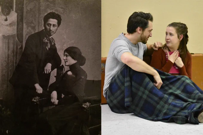 Early 20th century photo of man standing and looking out and woman sitting and looking left next to modern color photo of man sitting looking at women who's also sitting looking at man.