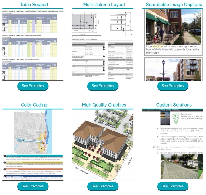 Enhanced Zoning Graphics - table support, multi-column layout, searchable image captions, color coding, high quality graphics, custom solutions