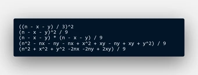 Messy code describing the square of a trinomial.