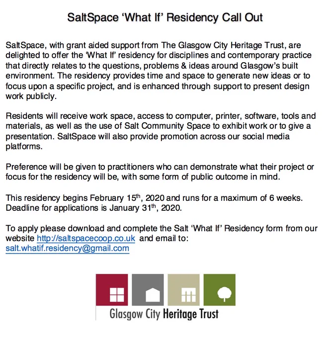 This is a residency call out for disciplines related to the built environment, the deadline is 31st January and applications can be downloaded from website: http://saltspacecoop.co.uk