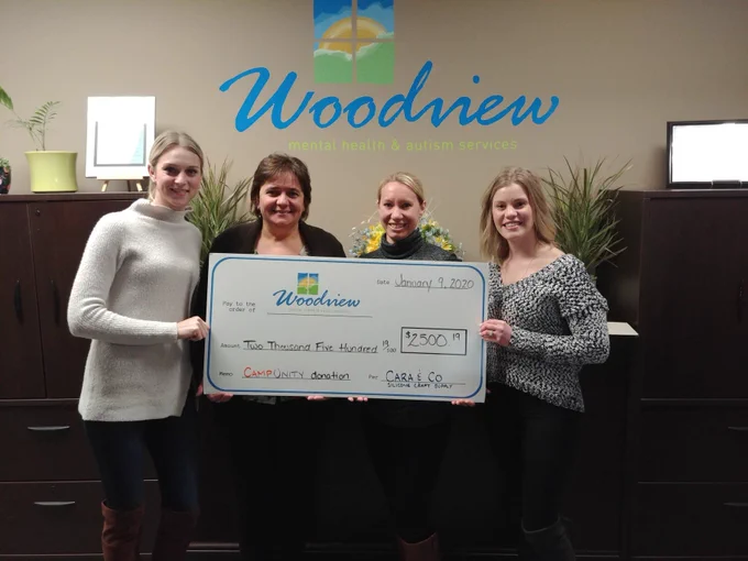 Four smiling women holding a presentation cheque, standing below the Woodview logo.