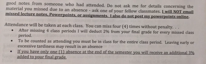 A picture of part of a syllabus. It is too long for ALT text so please see tweet reply for image description.