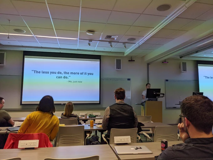 Scott's slide reads "The less you do, the more of it you can do."