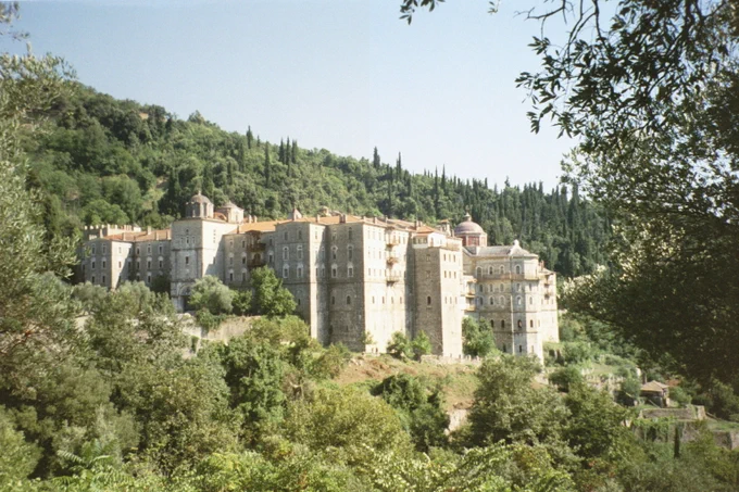 The Saint George the Zograf Monastery in Mt Athos, Greece. Its imposing present-day buildings date from the middle 18th century.