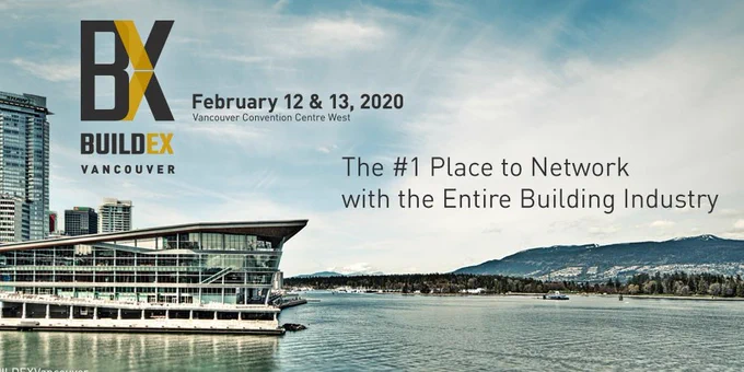 Buildex Vancouver invitation for western Canada's largest construction forum. Dates are Feb 12 & 13. Text appears as the #1 Place to Network with the Entire Building Industry. Image is of the seaside modern convention centre building with mountains in the background.
