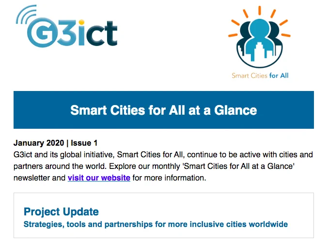 G3ict and SC4A logo. Text smart cities at a glance in white on blue background. Text project updates. Image is screenshot of a newsletter.