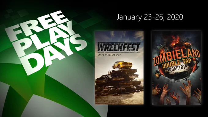 A 3D nexus occupies the left half of the image. On the right, cover art for Wreckfest and Zombieland: Double Tap Roadtrip are on the right. Photo reads: FREE PLAY DAYS. JANUARY 23-26, 2020.