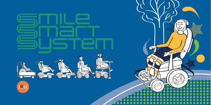 A picture of a girl in a powerchair with a big smile on her face and 5 girls in a row also sitting in wheeled devices, ranging from a little girl on a Drivedeck to a young adult sat at her desk in her own powerchair.