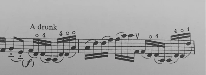 Two bars of musical notation from Vivaldi’s The Four Seasons, where the lyric reads simply, “A drunk..”