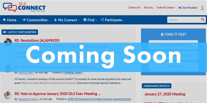 ALA Connect with "Coming Soon" banner.