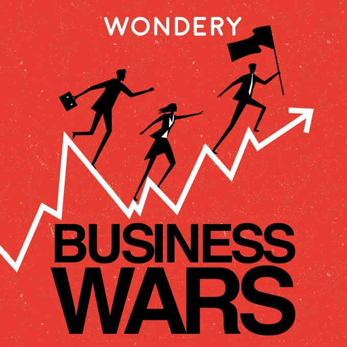 Logo: red background, people running up a spiky upward trending line chart