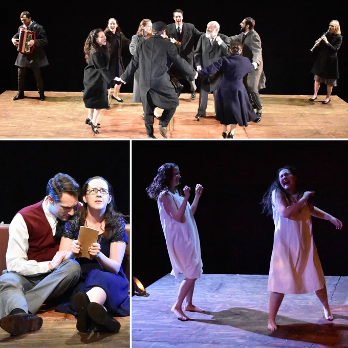 3-photo spread from the play Indecent of actors on a stage in costume