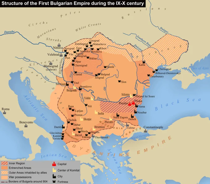 A map of the First Bulgarian Empire in the 9th and 10th centuries showing the capital Preslav in the east and Ohrid in the west. Ohrid is in present-day North Macedonia.