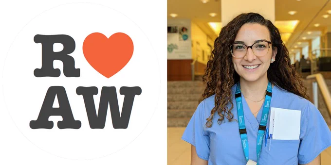 Dr. Josephine D'Abbondanza with the Resident Awareness Week logo (RAW with a red heart)