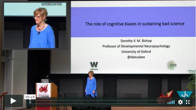 Still from video of Dorothy Bishop (@deevybee) talking about 'The role of cognitive biases in sustaining bad science'