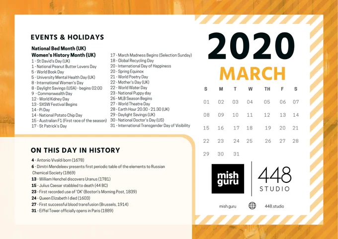 A calendar of events that are taking place in March
