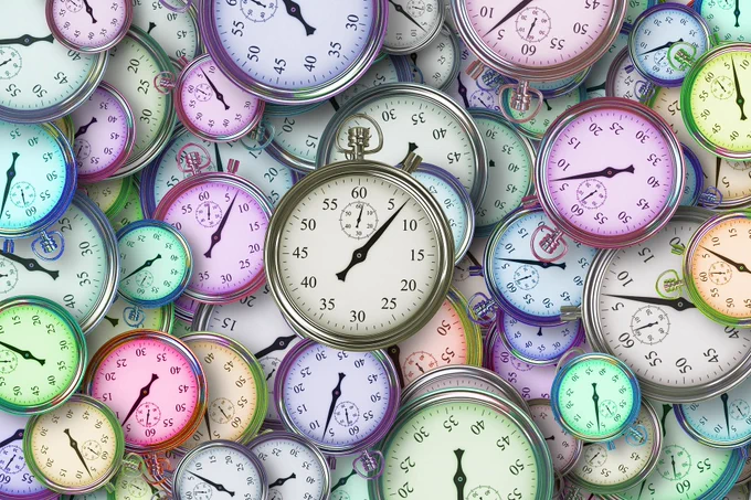 Different timer faces are shown in different colours