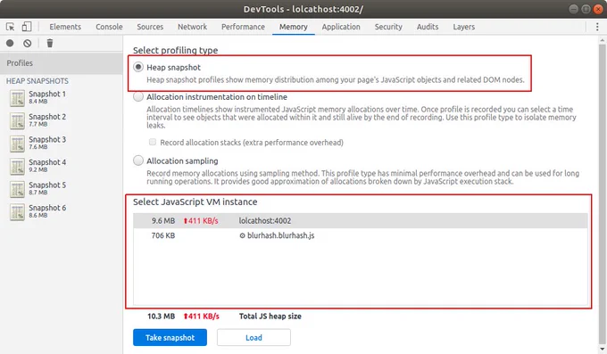 The DevTools Heap Snapshot tool allows you to take a memory capture of the main thread or web workers or iframes.
