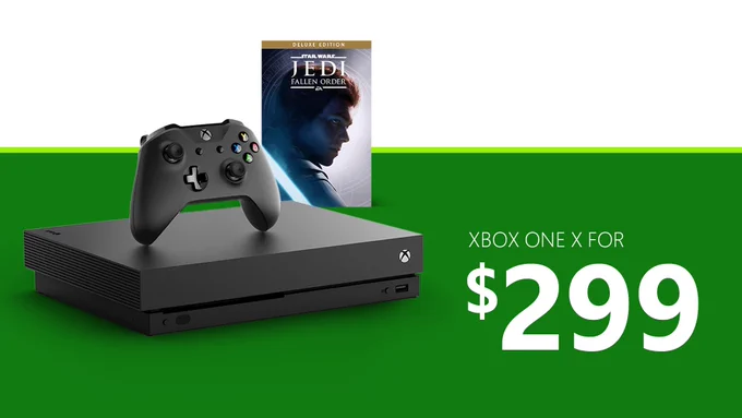 An Xbox Controller sits atop an Xbox One X in front of the box art for the Deluxe Edition of Star Wars Jedi: Fallen Order. Text Reads: Xbox One X for $299.