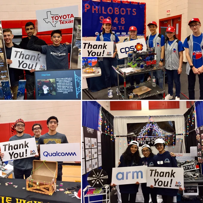 FIRST Tech Challenge Central Texas Regional Championship 2020 Sponsor Thank You: Toyota Motor Manufacturing - Texas (TMMTX), Qualcomm, ARM, and CPS Energy. Signs held by FTC Team 6990 Static Void, FTC Team 9048 Philobots, FTC Team 5681 RoboPirates, FTC Team 17161 Club Oreo. 